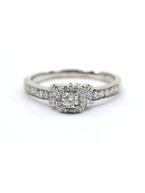 VEER 14K Solid White Gold Round Diamond Halo Pave Engagement Ring - Size 10